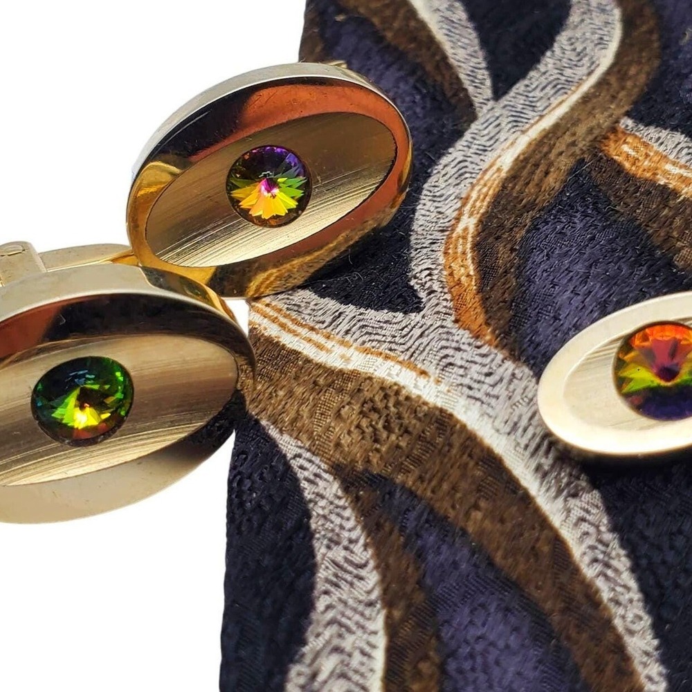 Gold Tone Cufflinks & Tie Pin Watermelon Rivoli Rhinestone Tack Coventry Riviera